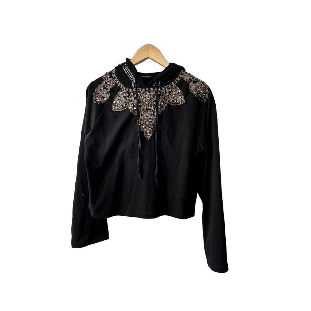 Love Sam Anthropologie Black Beaded Embellished Hoodie Sweatshirt Women's Small
